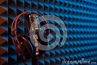 Studio condenser microphone with professional headphones acoustic panel Editorial Stock Photo