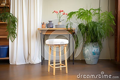 studio corner with plant, stool, and draped muslin fabric Stock Photo