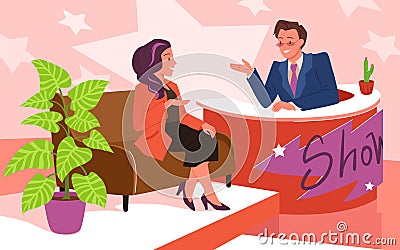 Studio interview and discussion with celebrity guest in TV show, woman sitting in chair Vector Illustration