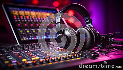 Studio microphone on blurred background with audio mixer musical instrument concept Stock Photo