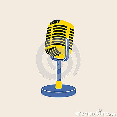 Studio microphone clip art in modern flat line style. Hand drawn vector illustration of mouthpiece, transmitter, mike, podcast, Vector Illustration