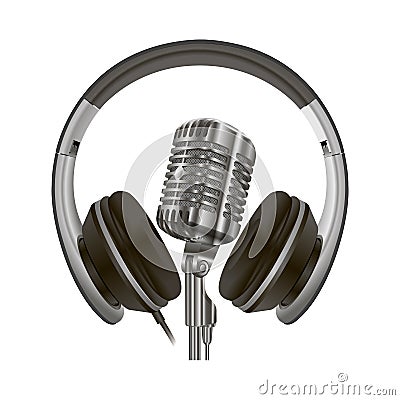 Studio Microphone, Headphone. Old Vintage Radio Vector Illustration