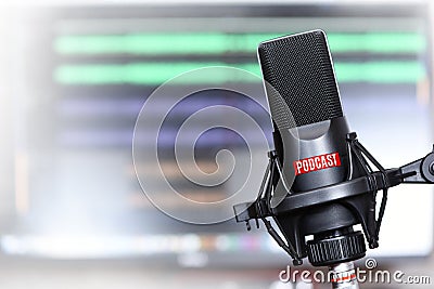 Studio microphone with a podcast icon Stock Photo