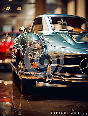 Studio photo brings the timeless allure of a classic car to life through a closeup perspective. Stock Photo