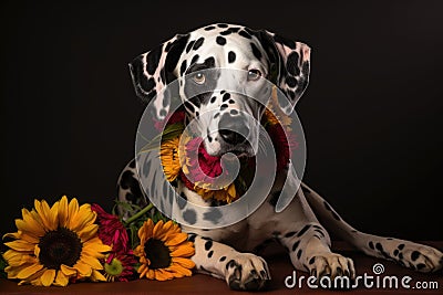 Studio portrait of a beautiful dalmatian dog with sunflowers Stock Photo