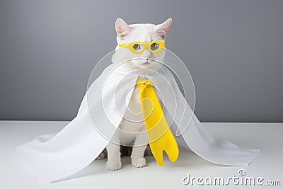 Studio portrait of a beautiful white cat wearing a yellow scarf on grey background. Stock Photo