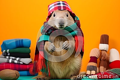 Studio portrait of a beaver wearing knitted hat, scarf and mittens. Colorful winter and cold weather concept Stock Photo