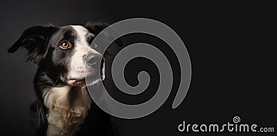 Studio portrait of a Border Collie dog on a black horizontal background with space for text. Close-up of a pet. Generative AI Stock Photo