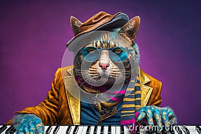 a cat dressed as a jazzman playing pianino, created with Generative AI technology Stock Photo