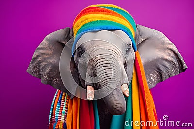 Studio portrait of an elephant wearing knitted hat, scarf and mittens. Colorful winter and cold weather concept Stock Photo