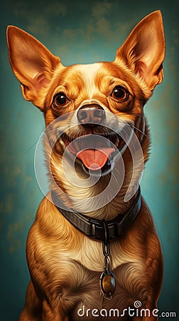 Studio portrait of funny smiling happy chihuahua dog with tongue out on teal bue backgroundl Stock Photo