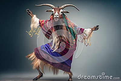 Studio portrait of goat in boho clothes joyfully dancing, created with Generative AI technology Stock Photo