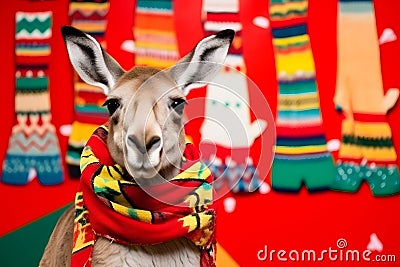 Studio portrait of a kangaroo wearing knitted hat, scarf and mittens. Colorful winter and cold weather concept Stock Photo