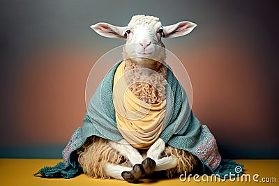 Studio portrait of lamb in boho clothes doing meditation, created with Generative AI technology Stock Photo