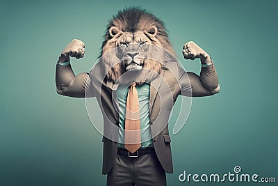 lion in a business suit flexed biceps, created with Generative AI technology Stock Photo