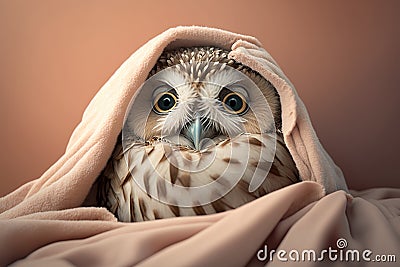 owl in pijama having insomnia lying bed, concept of Sleeplessness created with Generative AI technology Stock Photo