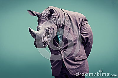 a rhinoceros in a business suit being sad and despaired, created with Generative AI technology Stock Photo