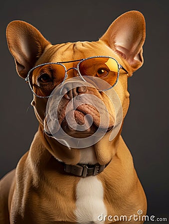 Studio Portrait of a serious Boston Terrier breed dog wearing glasses Stock Photo