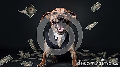 Studio portrait of young happy amazed excited dog in a suit cathcing money. Generative ai Stock Photo