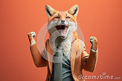 Studio portrait of young happy amazed excited fox in a suit, created with Generative AI technology Stock Photo