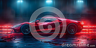 Studio setup with computergenerated image of a sports car on a dark background. Concept Studio Stock Photo