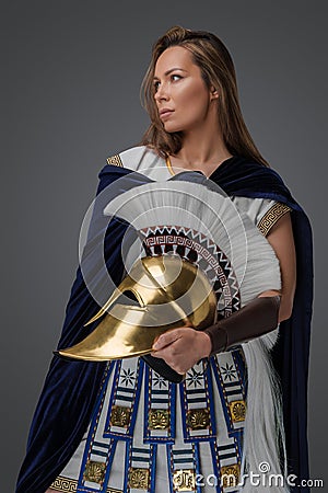 Female warlord from ancient greece with plumed helmet Stock Photo