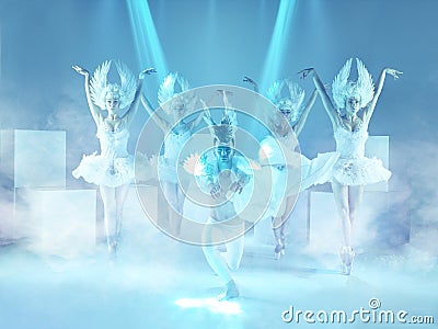 The studio shot of group of modern dancers on blue background Stock Photo