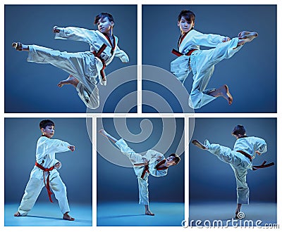 The studio shot of kids training karate martial arts Stock Photo