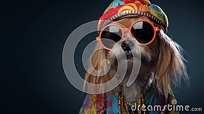 Studio shot of a little dog dressed as hippie with sunglasses. Stock Photo