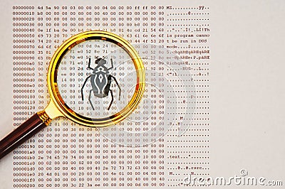 magnifying glass and bugs on paper with printed hexadecimal program source code Stock Photo
