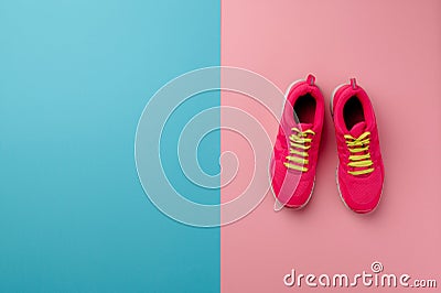 A studio shot of pair of running shoes on pink background. Flat lay. Stock Photo