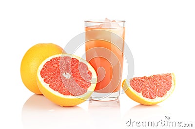 Studio shot sliced three grapefruits with juice isolated white Stock Photo