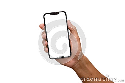 Studio shot of Smartphone iphoneX with blank white screen for Infographic Global Business Plan, model iPhone Stock Photo