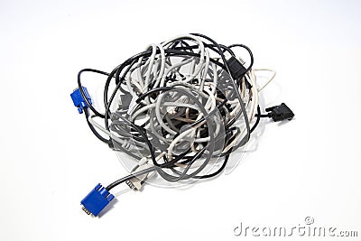 Tangled cables over white background Stock Photo