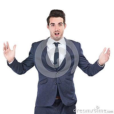 Thats way more than I bargained for. Studio shot of a young businessman looking surprised against a white background. Stock Photo