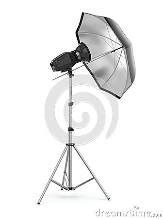 Studio strobe light flash with umbrella. Stock Photo