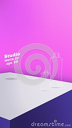 Studio table background.Vector,vivid purple product display block with bright pink wall.mockup for display of design.Vertical Vector Illustration