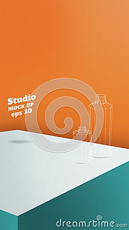 Studio table background.Vector,vivid turquoise product display block with orange wall.mockup for display of design.Vertical Banner Vector Illustration