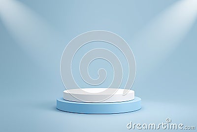 Studio template and white round shape pedestal on light blue background with spotlight product shelf. Blank studio podium for Stock Photo