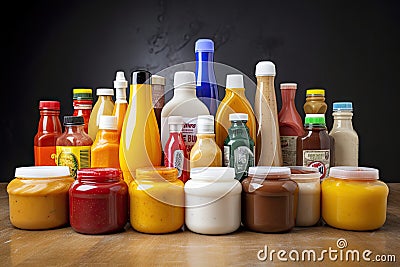 studio, with variety of fast food sauces and condiments, for commercial or promotional use Stock Photo