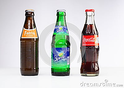 Studioshot of coca cola, fanta, sprite lemonade Editorial Stock Photo