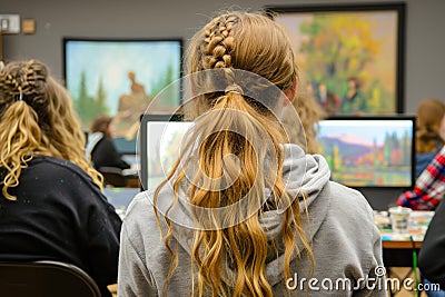 Studious Back view students class study. Generate Ai Stock Photo