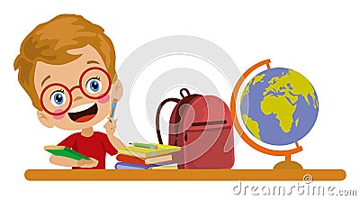 Studious boy thinking at desk in school classroom Vector Illustration