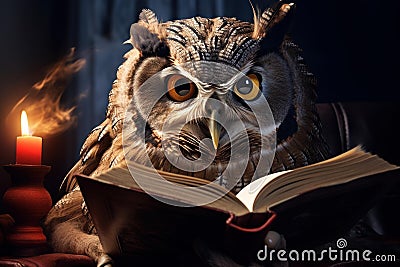Studious Cute owl reading book sofa. Generate Ai Stock Photo