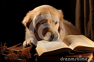 Studious Retriever reading book. Generate Ai Stock Photo