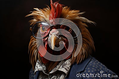 Studious Rooster: A Portrait in Glasses. AI Stock Photo