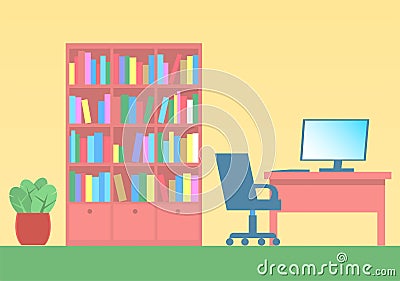 A study with a computer and a bookcase Vector Illustration