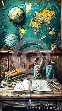 Study desk with open notebook, colorful pencils, and world map with globes in the background, creating an academic Stock Photo
