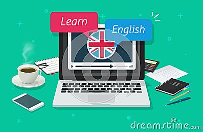 Study english online on laptop computer or education of foreign language lesson on pc on desk table vector flat cartoon Vector Illustration