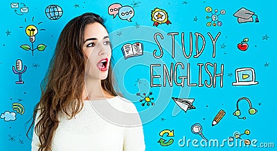 Study English theme with young woman Stock Photo